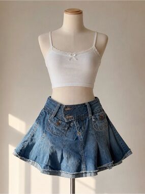 White Lace Trim Crop Tank Top and Blue Denim Mini Skirt Set